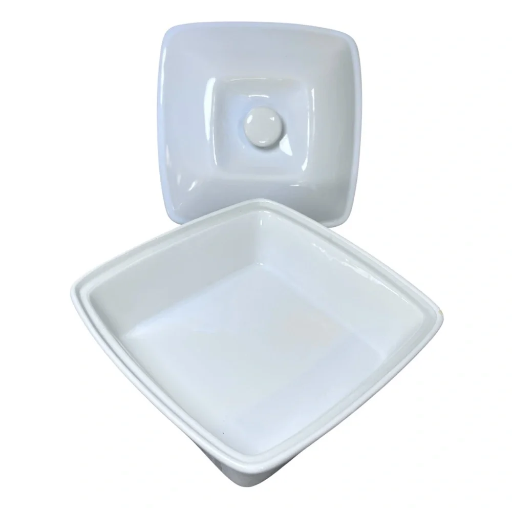 Banquet White Ceramic Casserole Baking Dish with Lid & Scrollwork Metal Stand